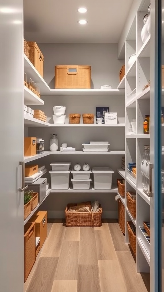 A modern walk-in pantry with organized shelves and storage baskets.