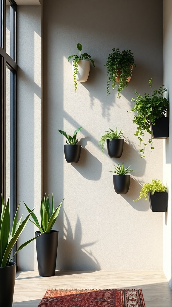 Wall-mounted planters with various plants in a modern entryway