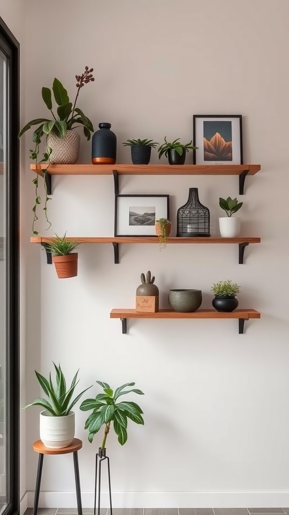 Cozy entryway with wall-mounted shelves displaying plants and decor items