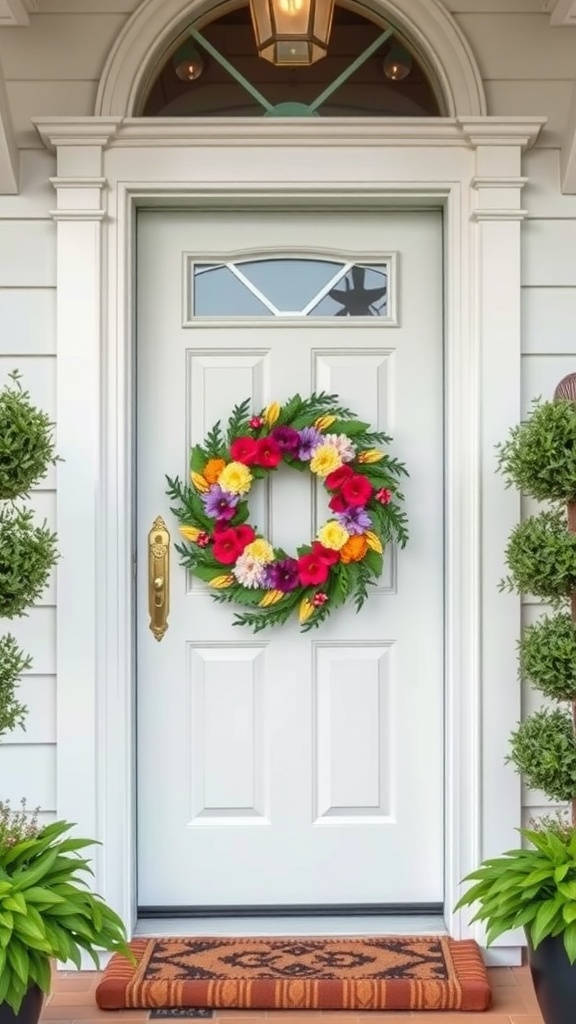 A white door with a colorful flower wreath, potted plants, and a doormat