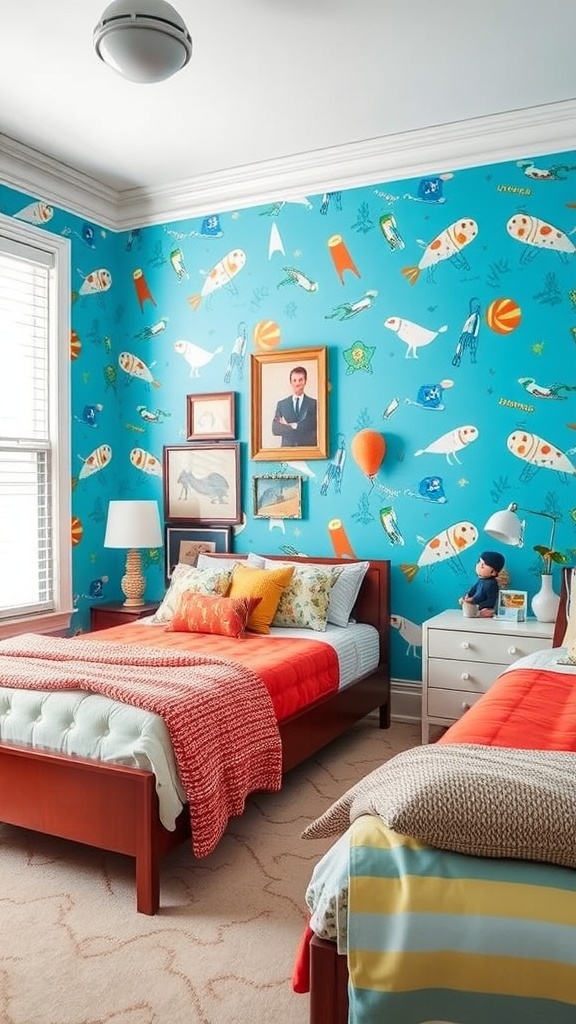 A brightly decorated bedroom featuring whimsical blue patterns on the walls, colorful bedding, and playful decor.