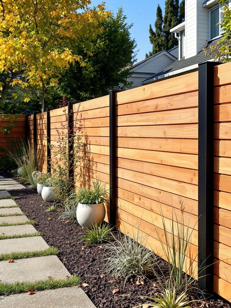 Horizontal cedar fence with black posts and landscaping