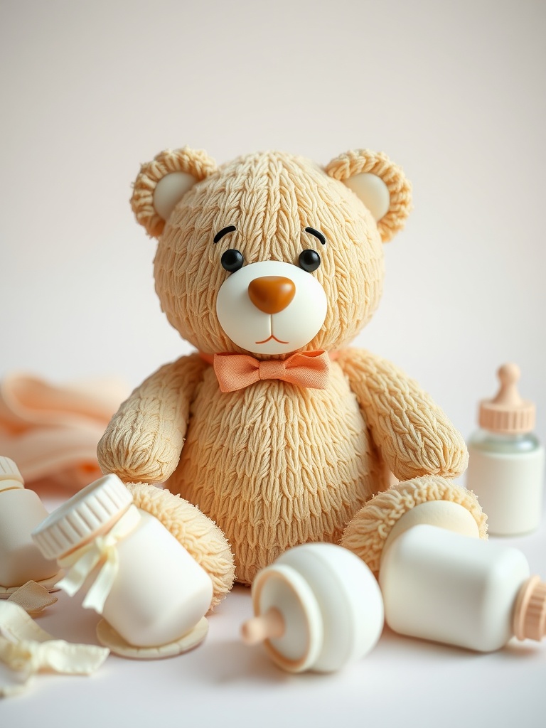 A beautifully crafted teddy bear cake surrounded by baby bottles