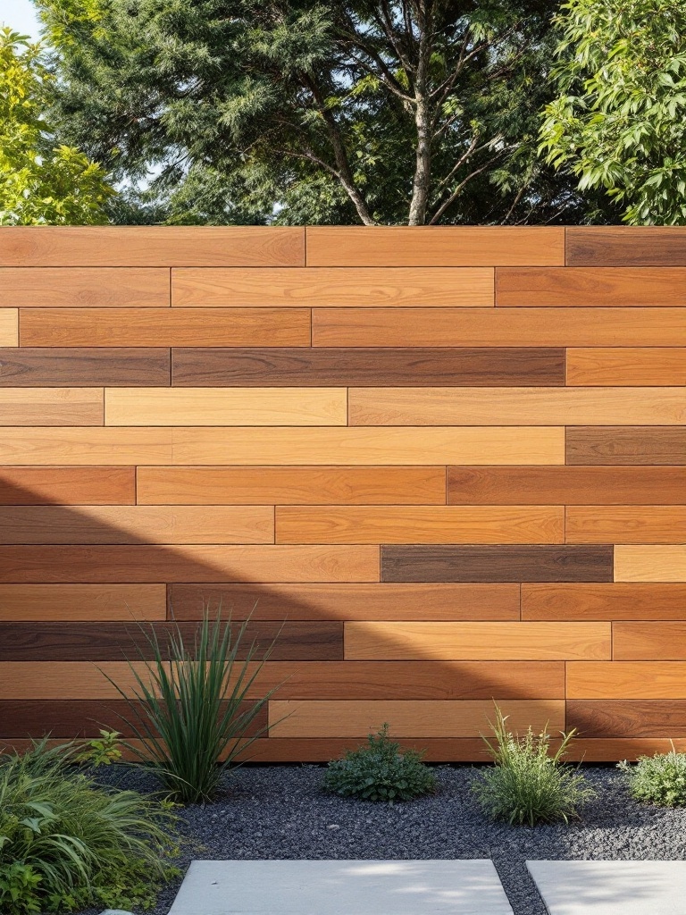 Horizontal cedar fence with alternating depth pattern and greenery around