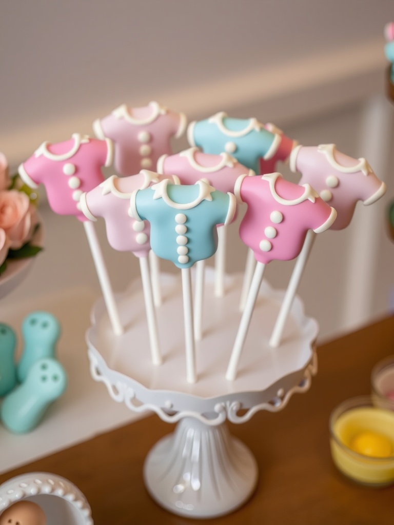 A display of baby onesie cake pops in pink and blue colors