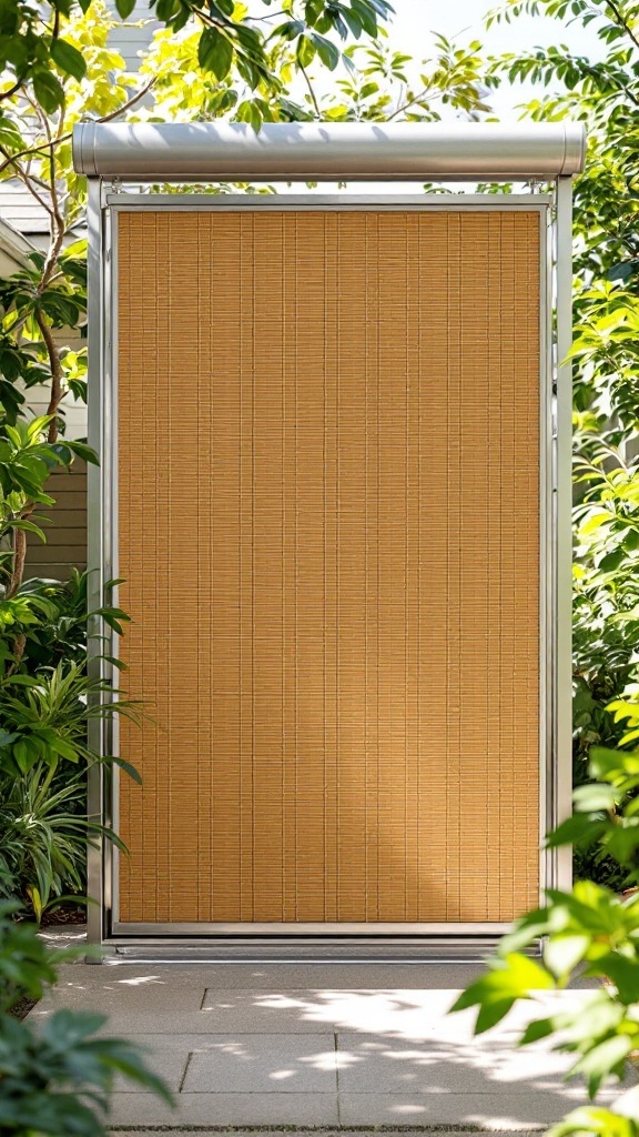 Bamboo roll screen in a metal frame providing privacy in a garden setting.