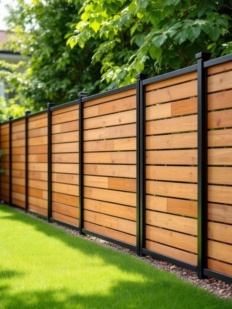 Horizontal fence made of cedar wood with a black aluminum frame