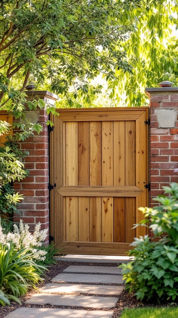 A wooden fence gate framed by brick columns surrounded by greenery.