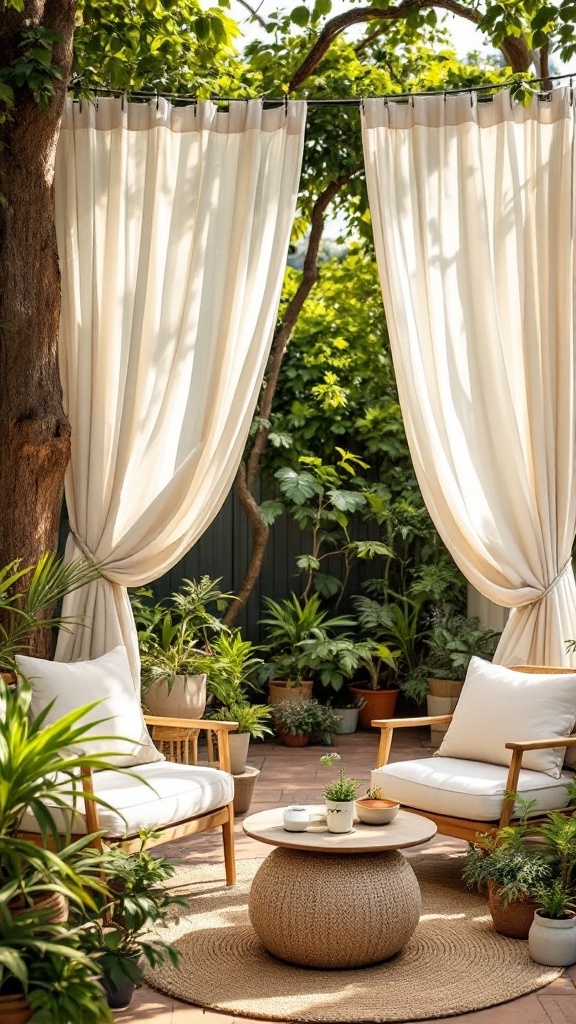 Outdoor space with canvas drop cloth curtains, two chairs, and a round table surrounded by plants.