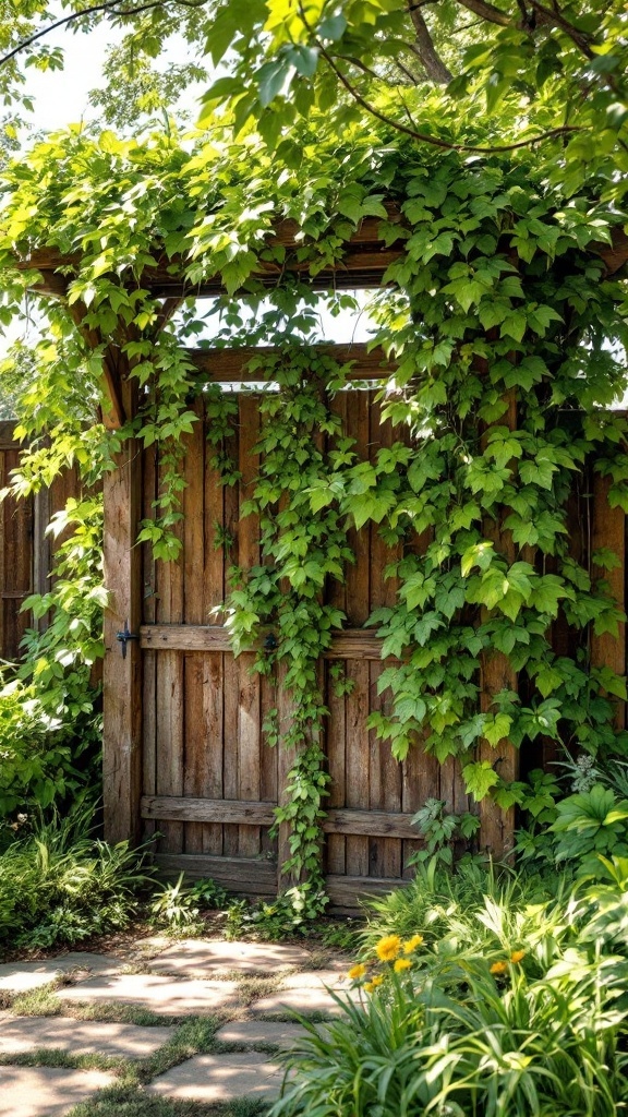 A wooden fence covered with lush green climbing vines.