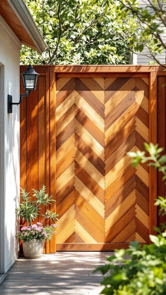 A stylish cedar plank fence with a chevron pattern, surrounded by greenery