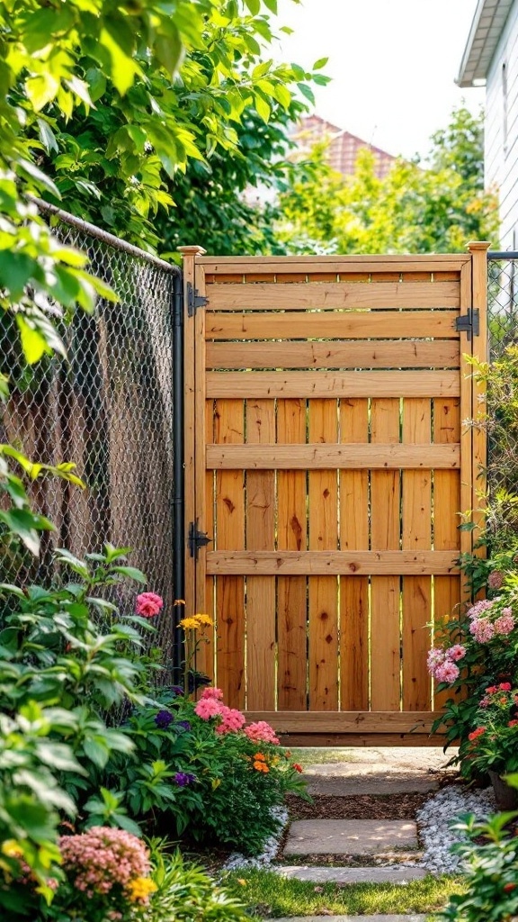 A garden path with a wooden gate beside a chain link fence, surrounded by colorful flowers and greenery.