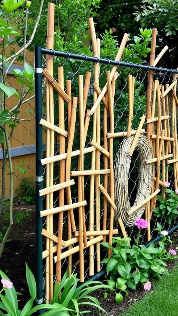 A decorative fence in a garden with bamboo slats woven into a chain link fence, surrounded by colorful flowers.