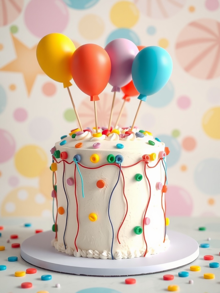 A colorful cake decorated with balloons and candies, ideal for a baby shower.