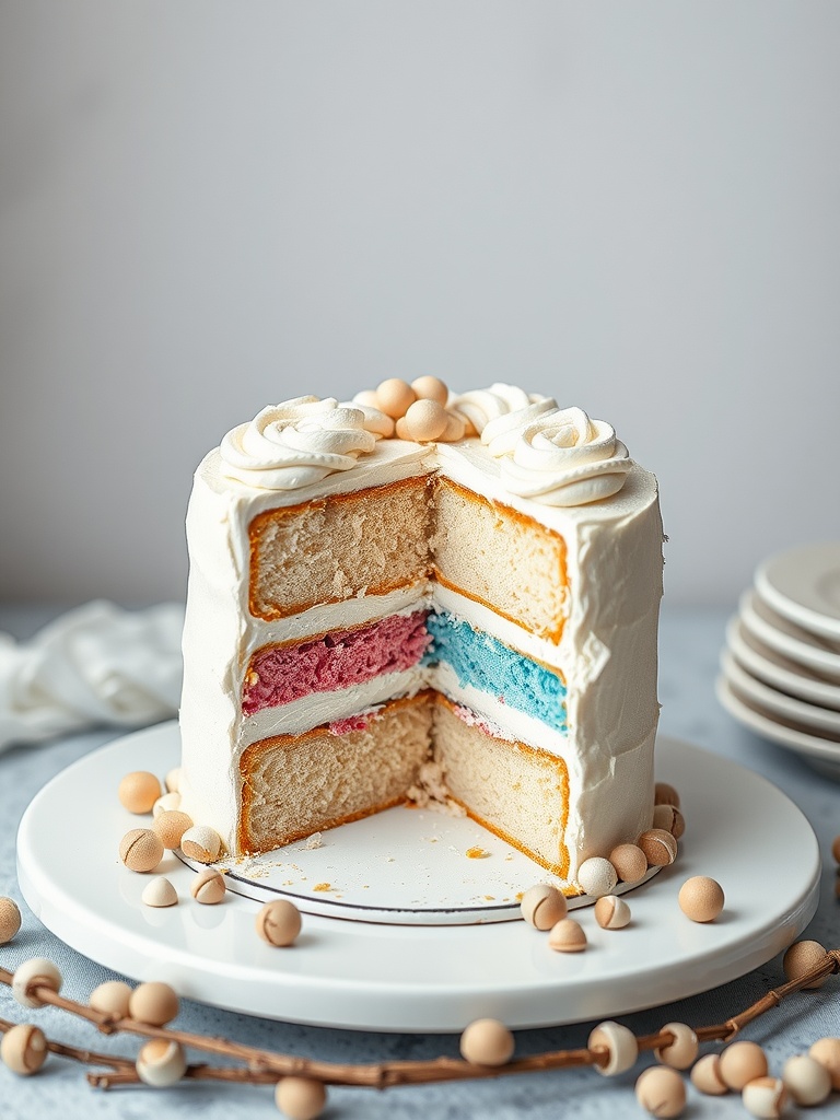 A classic gender reveal cake with pink and blue layers visible