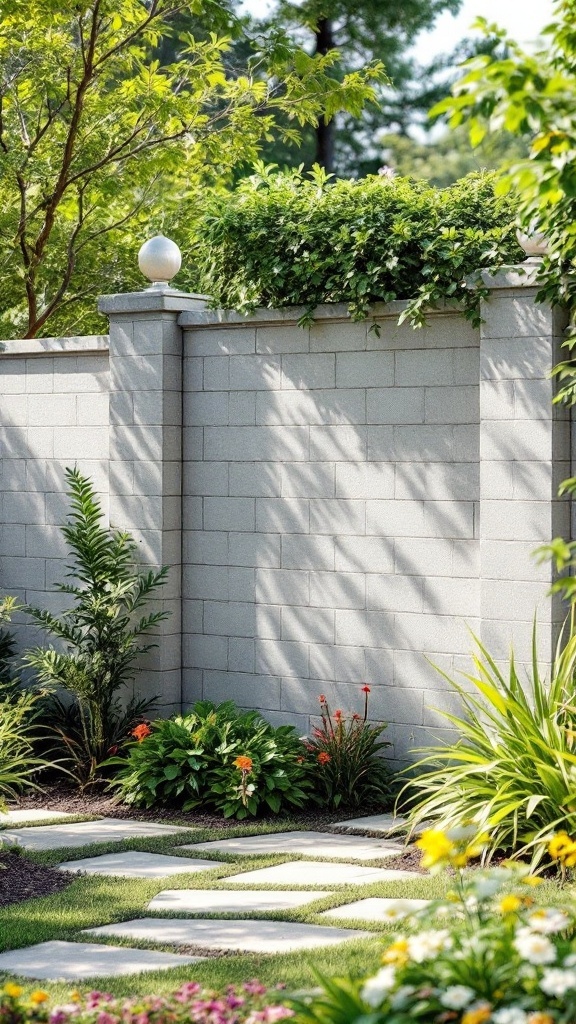 A concrete block wall featuring decorative caps, surrounded by lush plants and flowers.