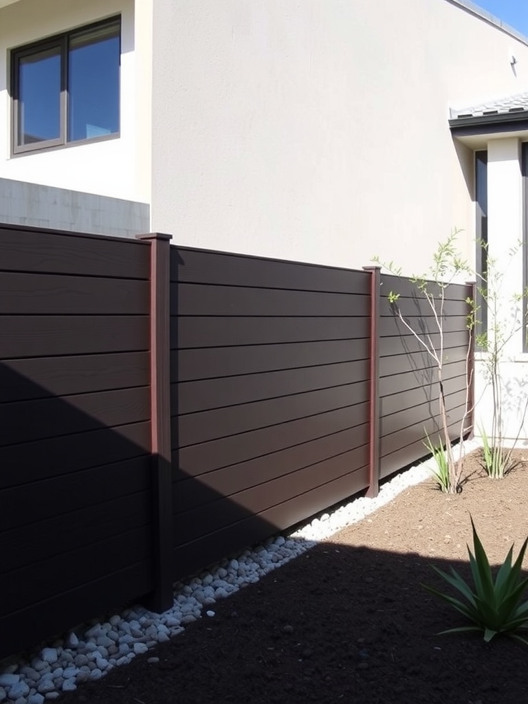 A contemporary horizontal composite fence in espresso color, surrounded by plants and a stone pathway.