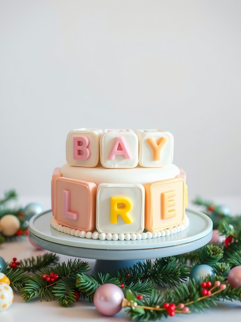 A cute two-tier baby blocks cake with various pastel colors and letters, surrounded by festive decorations.