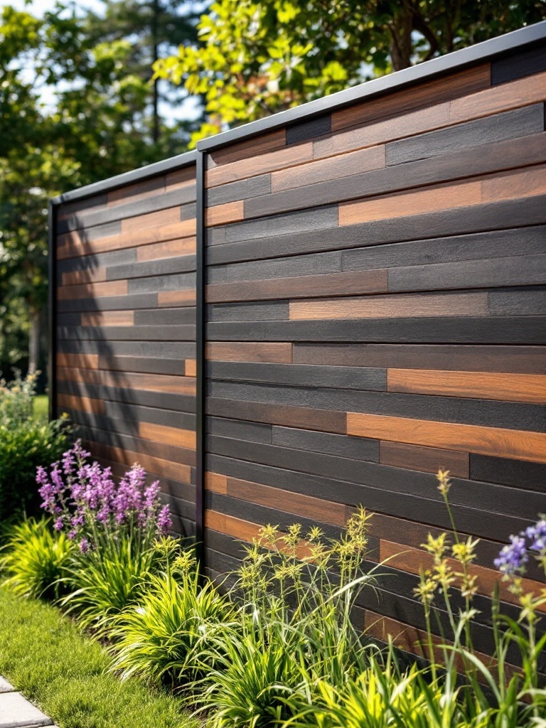 Dark-stained cedar horizontal fence with alternating wood tones, surrounded by lush plants.