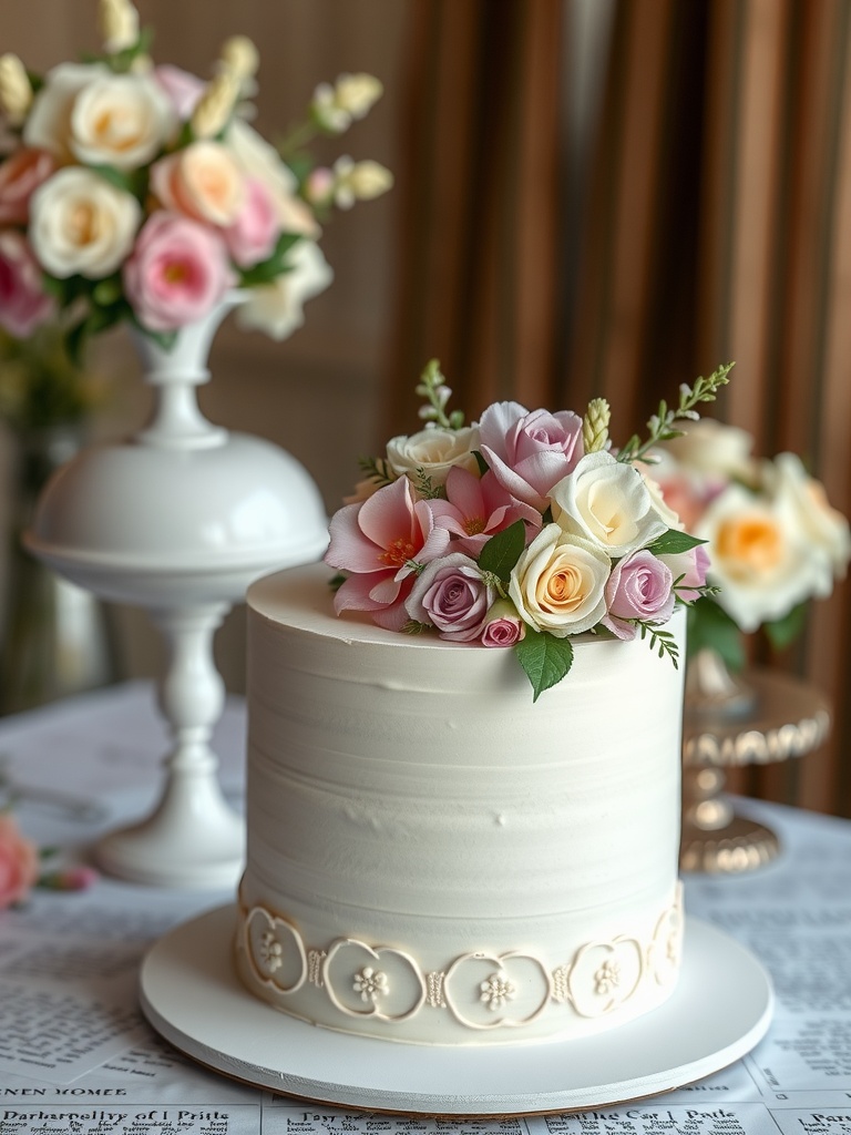 Elegant baby shower cake decorated with floral arrangements