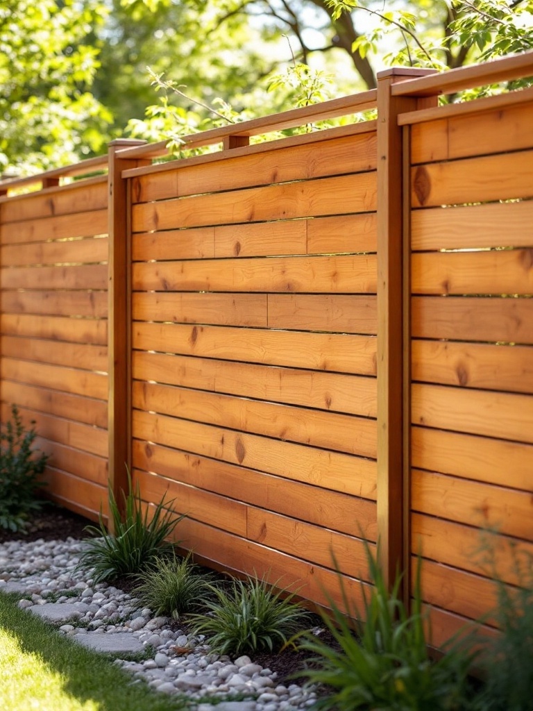 A modern floating horizontal cedar fence with hidden posts, surrounded by greenery.