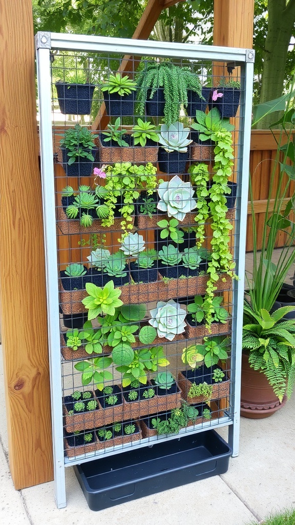 A hardware cloth living wall frame adorned with colorful flowers and greenery.