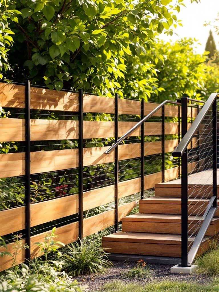 Horizontal cable and cedar fence with stairs in a garden setting.