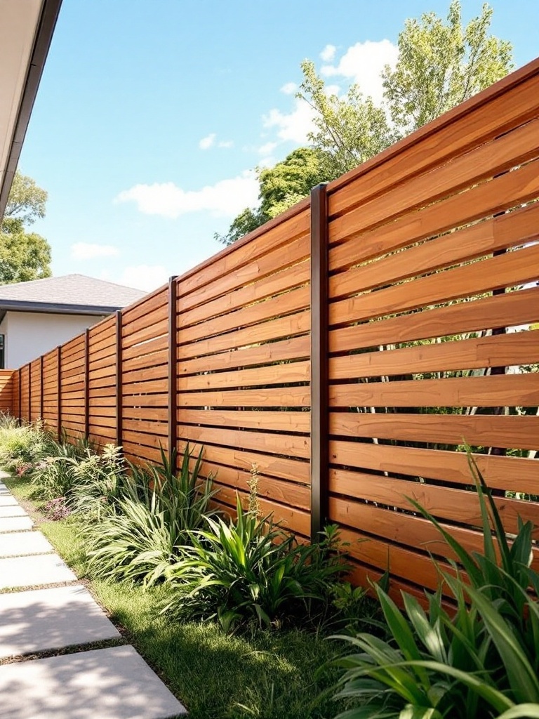 Horizontal cedar fence with greenery and pathway