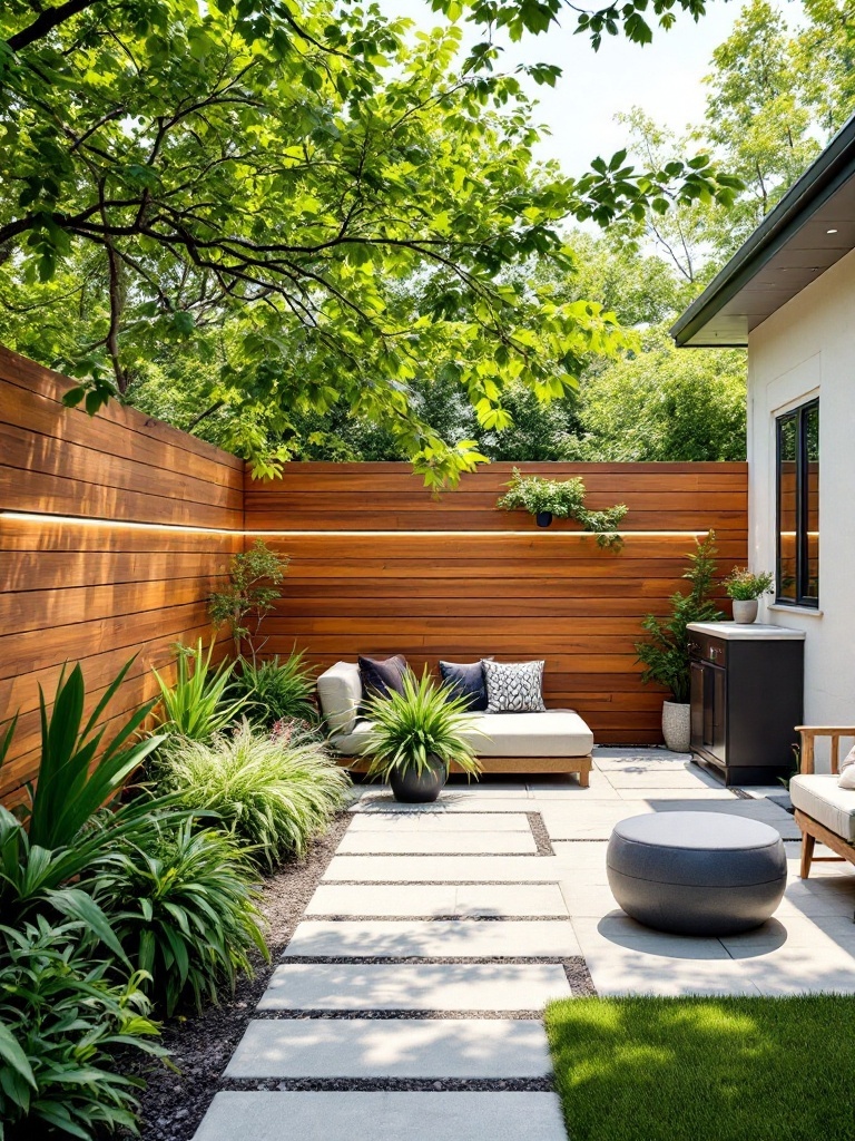 A modern outdoor space featuring a horizontal cedar fence with integrated LED lighting, surrounded by greenery and a cozy seating area.