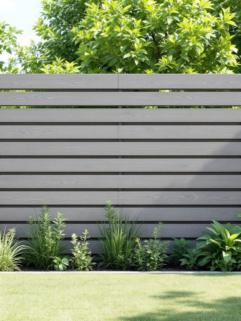 Horizontal composite fence in weathered gray with green plants below and trees in the background