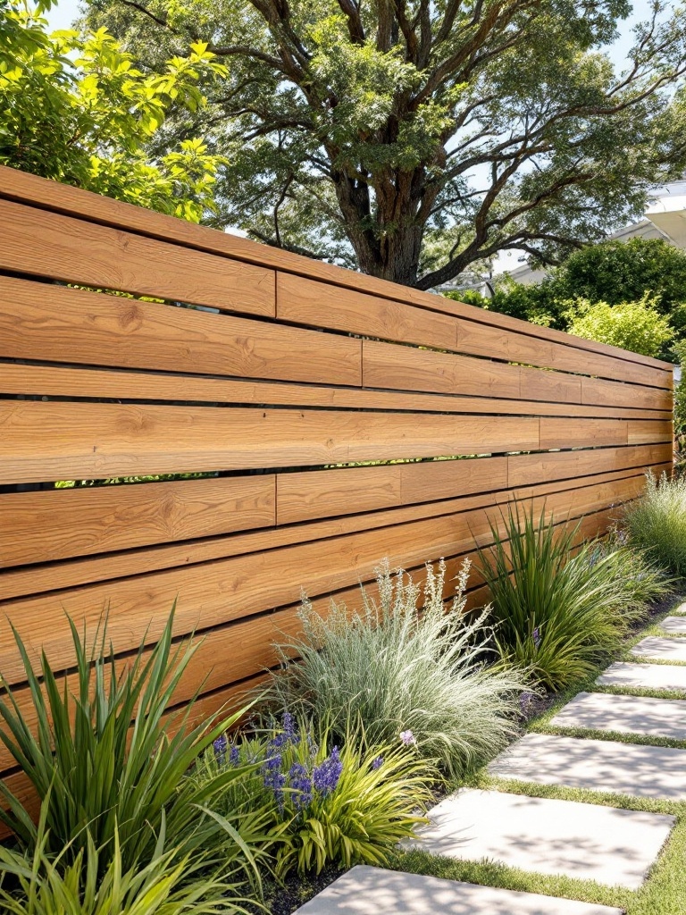 A modern horizontal fence made of Ipe wood boards with hidden fasteners, surrounded by green plants.