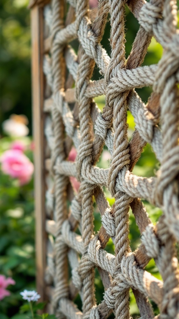 Close-up of a lattice panel featuring a woven rope design.