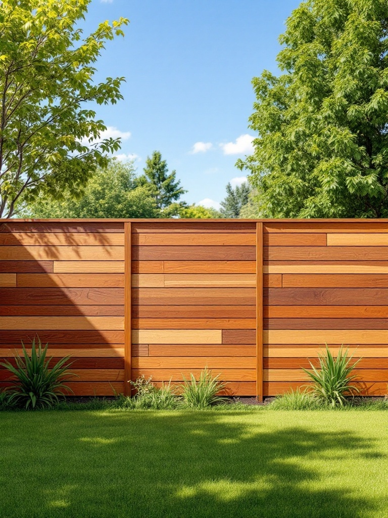 A modern horizontal fence made of mixed-width cedar boards surrounded by greenery.