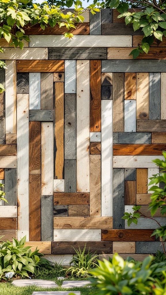 A mosaic wall made from mixed reclaimed wood, featuring various colors and textures.