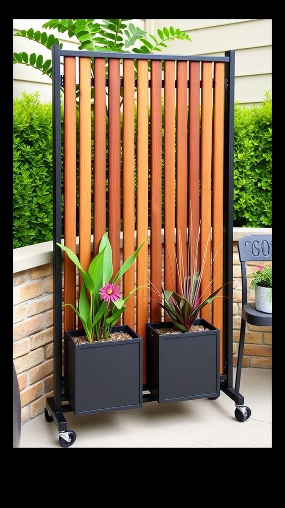 Mobile privacy screen on wheels made of wooden planks in a garden setting.