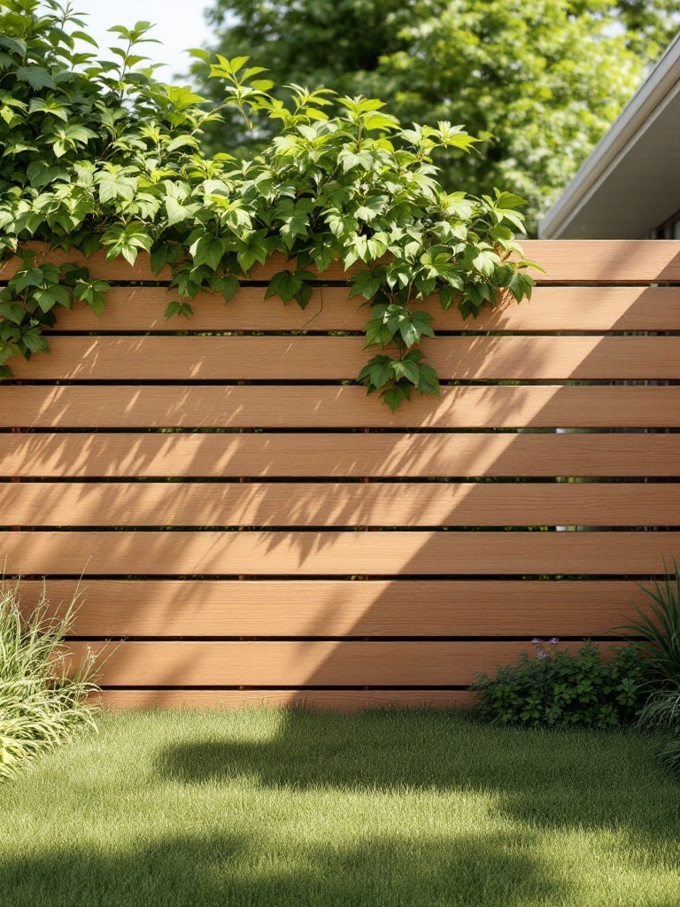 A modern horizontal slat fence with climbing vines on top, surrounded by green grass.