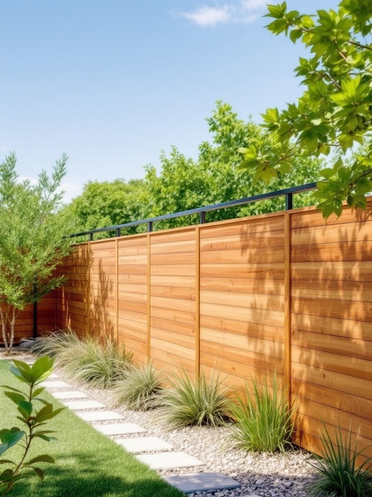 A modern horizontal cedar fence with a metal top rail, surrounded by greenery.