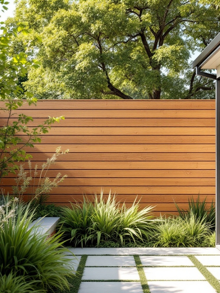 A natural cedar wide-plank horizontal fence surrounded by greenery.