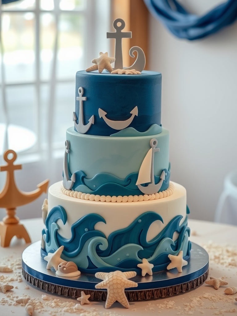 A nautical themed baby shower cake with three tiers, featuring ocean colors, waves, anchors, and starfish decorations.