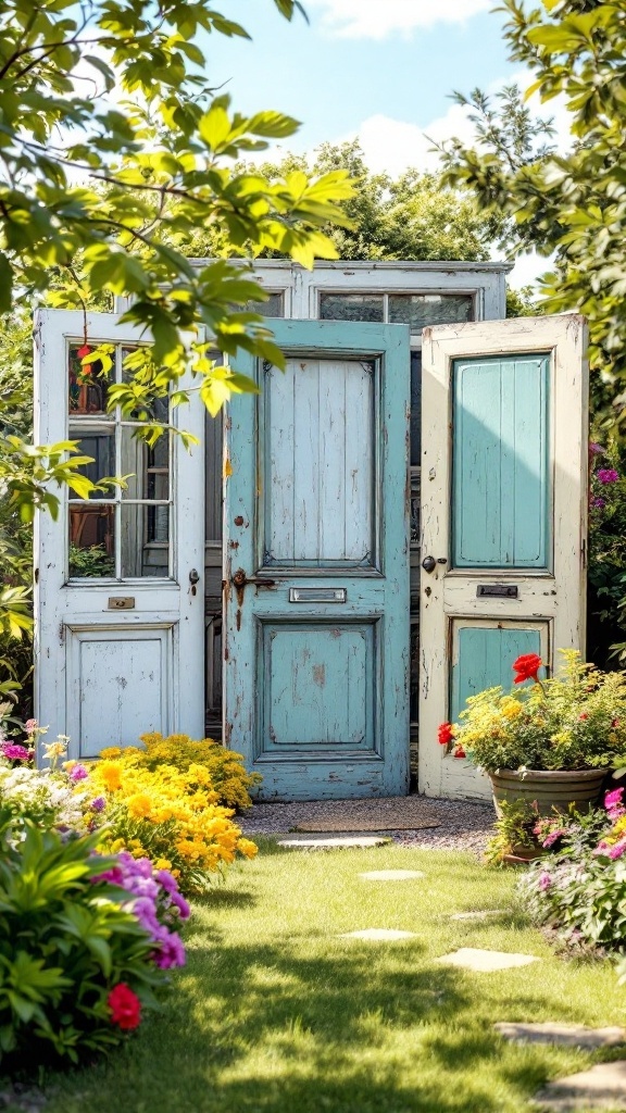 A collection of old doors arranged in a garden setting