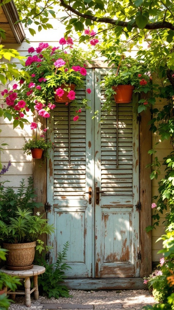 A charming old shutter privacy screen adorned with colorful hanging plants.