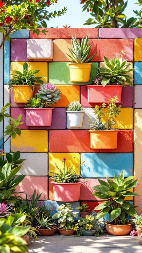 Colorful painted concrete block wall with succulent pockets and various plants.