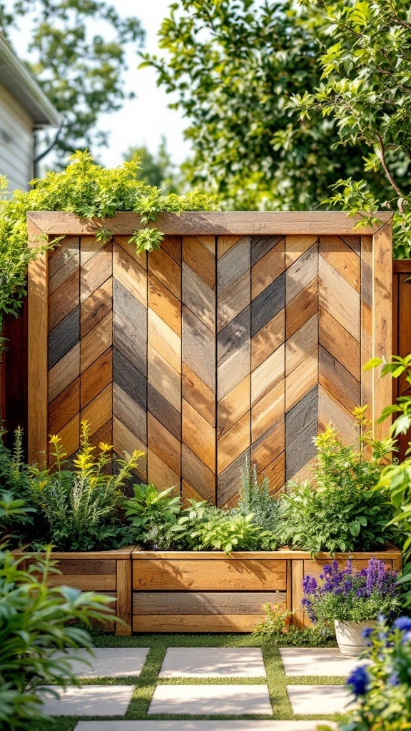 Pallet wood herringbone screen with built-in planters and lush greenery.