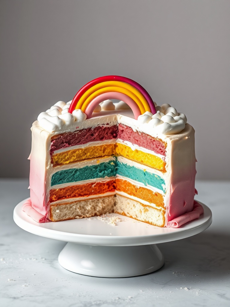 A pastel rainbow layer cake with vibrant layers and a rainbow decoration on top, displayed on a white cake stand.