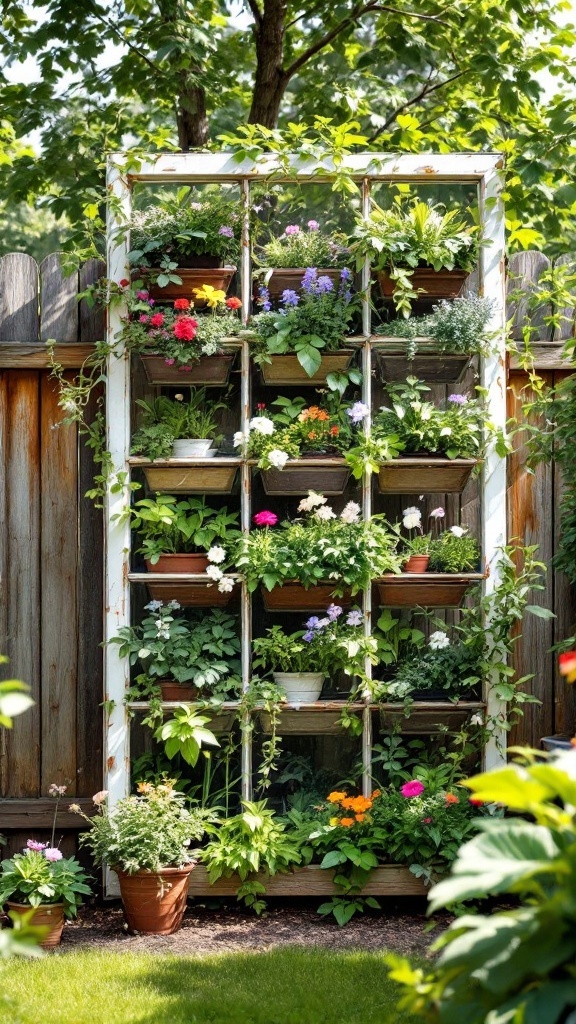 A vertical garden made from recycled window frames, filled with various plants and flowers.