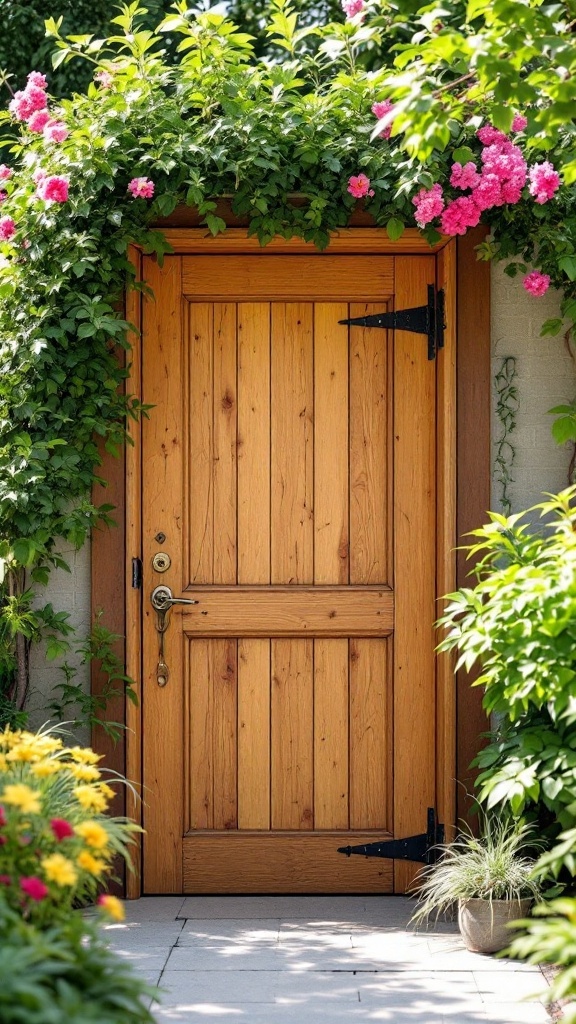 Repurposed wooden door with vintage hardware surrounded by flowers
