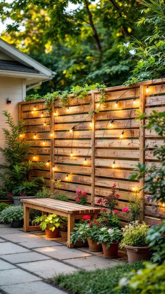 A shipping crate slatted wall with solar lights and flower pots, creating a cozy outdoor space.