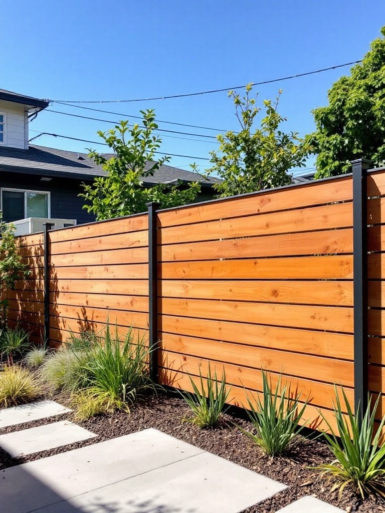 A slim-line horizontal cedar fence with steel posts in a garden setting.