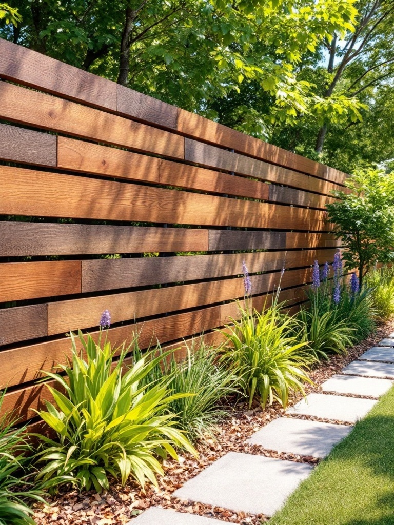 A staggered horizontal cedar fence with various plank heights and greenery in the foreground.