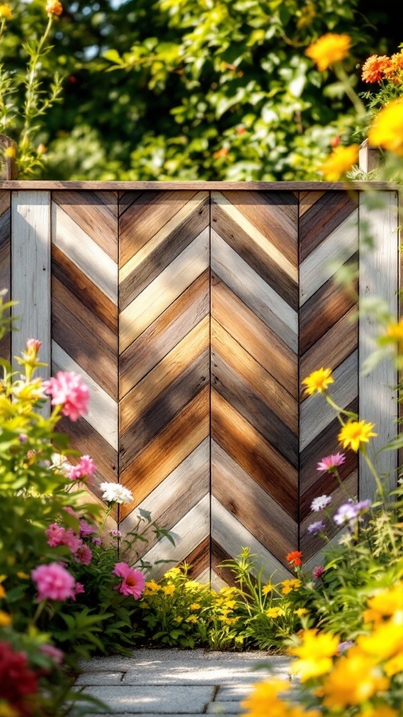 A stylish stained pine board fence in a chevron pattern surrounded by colorful flowers.